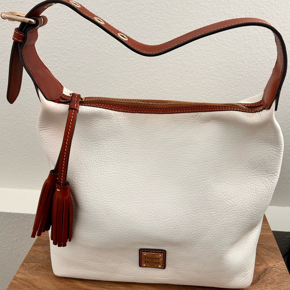 Dooney & Bourke White Leather Hobo Shoulder Bag with Brown Trim